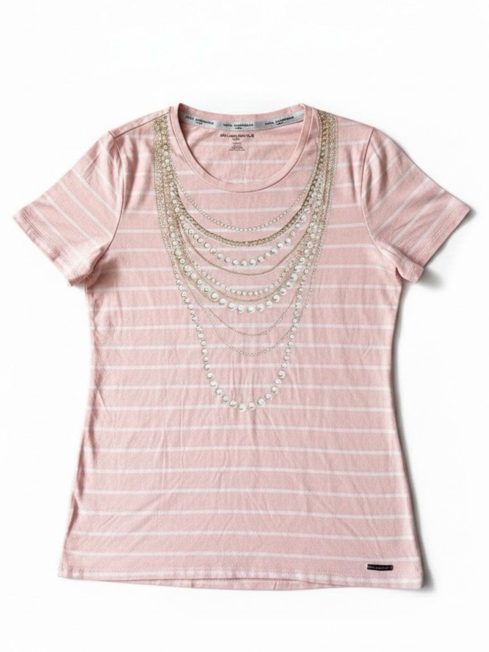 Karl Lagerfeld Striped Pearl Necklace Accent M Cotton Top Tee Pink White Coastal